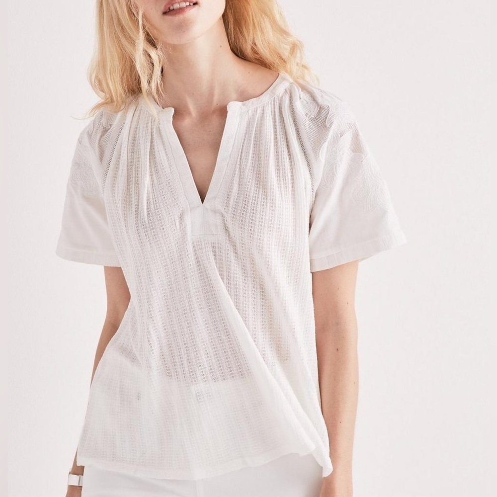LUCKY BRAND Linen blend Drop Needle Cutout Top Boxy Fit Womens size M